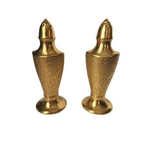 Vintage Ceramic Gold Salt and Pepper Shakers Floral Etched 5.5"